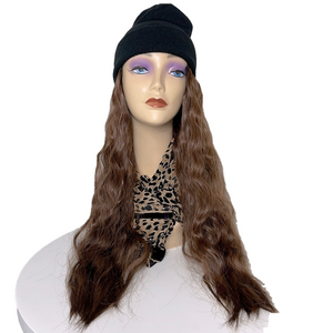 Long Curly Wavy Brown Hair Beanie Wig • Black Knit Hat Attached Extensions • 30”